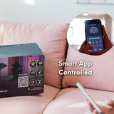 52 inch black wood smart LED ceiling fan shown with iOS and Android app control callout for adjusting speed, light colour, brightness, and timer from a smartphone