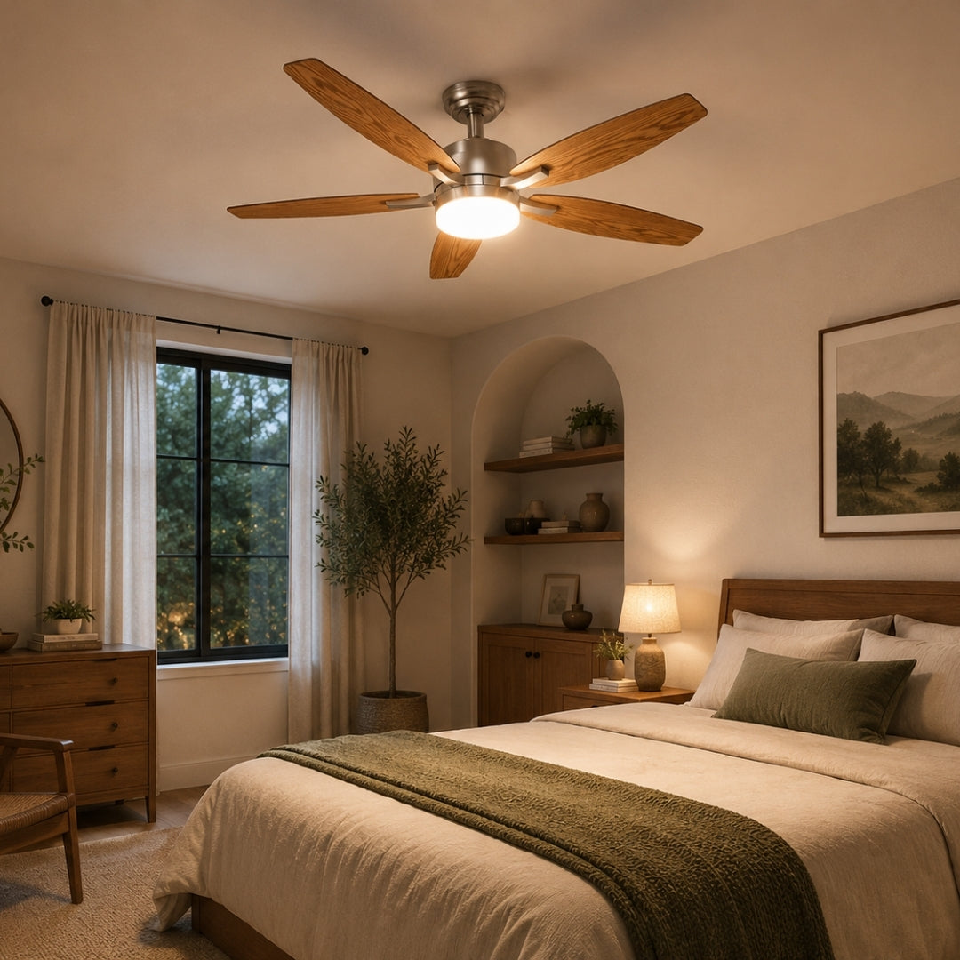 52 inch brushed silver oak blade ceiling fan installed in a modern South African lounge with warm white light glowing and five reversible oak blades
