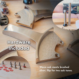 Person installing 52 inch brushed silver oak blade ceiling fan with hardware included callout and inset showing screws and mounting hardware included in the box