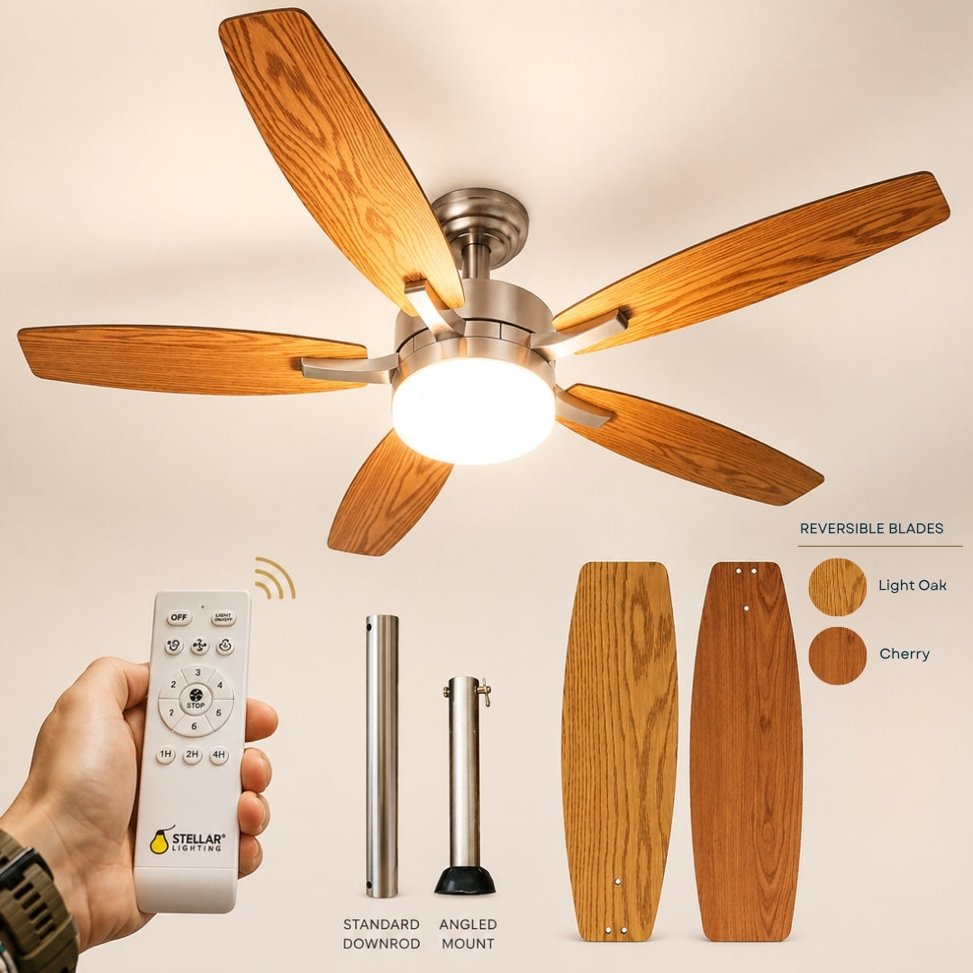 52 inch ceiling fan with five reversible oak MDF blades, brushed silver motor body and fittings, and integrated tri-colour LED light kit on a light background