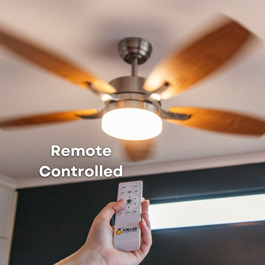 52 inch brushed silver oak blade ceiling fan shown with included RF remote control for adjusting fan speed, light colour, brightness, and timer