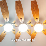 52 inch brushed silver oak blade ceiling fan showing three switchable colour temperature settings including 3000K warm white, 4000K neutral white, and 6000K cool white