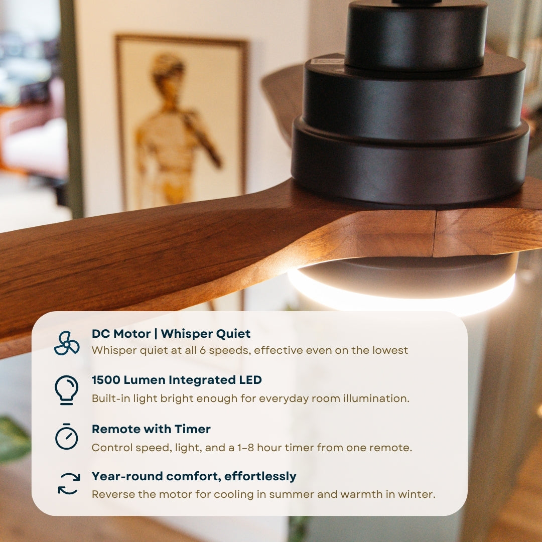 Feature graphic for 52 inch dark oak wood blade ceiling fan listing DC motor whisper quiet, tri-colour LED light, remote control with timer, and year-round reversible rotation