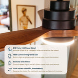 Feature graphic for 52 inch dark oak wood blade ceiling fan listing DC motor whisper quiet, tri-colour LED light, remote control with timer, and year-round reversible rotation