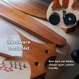 Person installing 52 inch dark oak wood blade ceiling fan with hardware included callout and inset showing screws and mounting hardware included in the box