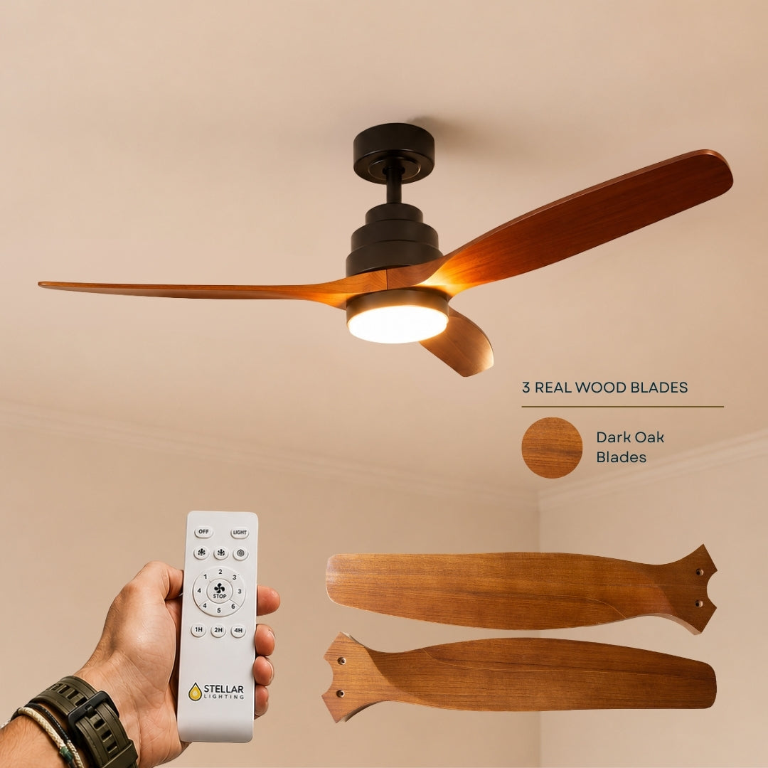52 inch ceiling fan with three real dark brown oak wood blades, and matte body on a light background