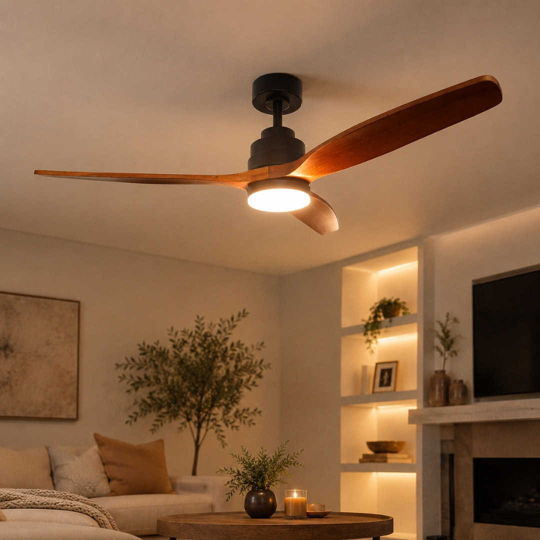 Close-up of 52 inch dark oak wood blade ceiling fan motor body 