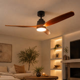 Close-up of 52 inch dark oak wood blade ceiling fan motor body 