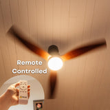 52 inch dark oak wood blade ceiling fan shown with included RF remote control for adjusting fan speed, light colour, brightness, and timer