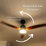 52 inch dark oak wood blade ceiling fan showing reversible motor rotation callout for cooling in summer and warm air circulation in winter