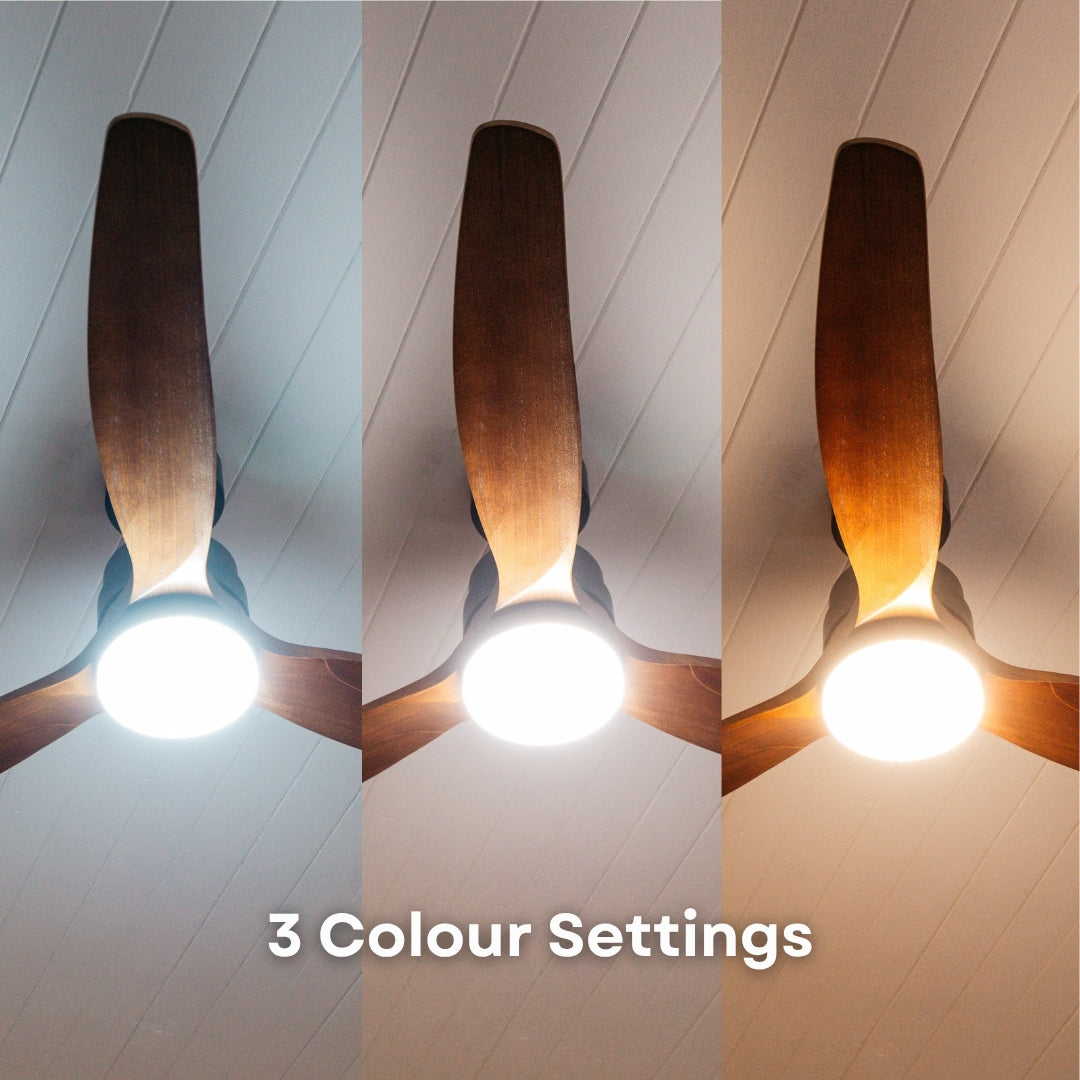 52 inch dark oak wood blade ceiling fan showing three switchable colour temperature settings including 3000K warm white, 4000K neutral white, and 6000K cool white