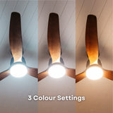 52 inch dark oak wood blade ceiling fan showing three switchable colour temperature settings including 3000K warm white, 4000K neutral white, and 6000K cool white