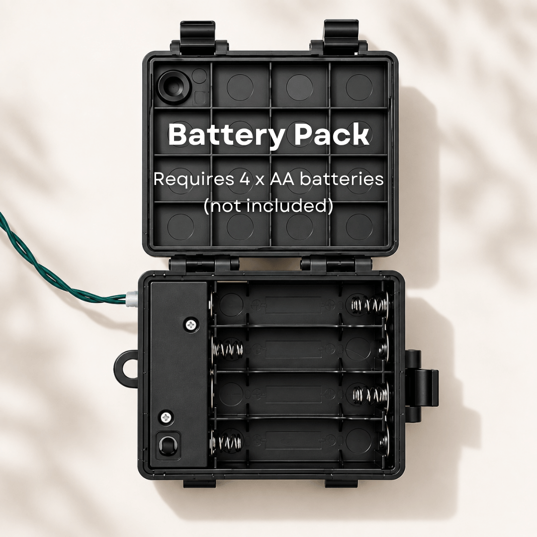 Open battery pack for a Christmas wreath, requires 4 x AA batteries, not included