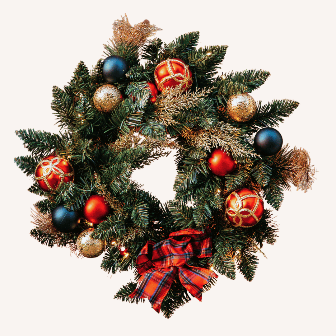 60cm Christmas wreath with warm white LEDs, red, navy and gold ornaments, and a tartan bow