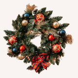 60cm Christmas wreath with warm white LEDs, red, navy and gold ornaments, and a tartan bow