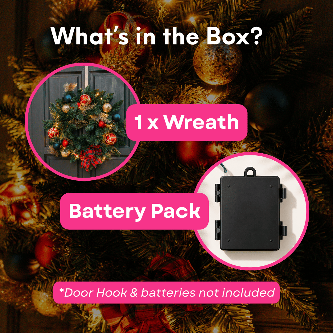 What's in the box for a Christmas wreath: wreath and battery pack, door hook and batteries not included