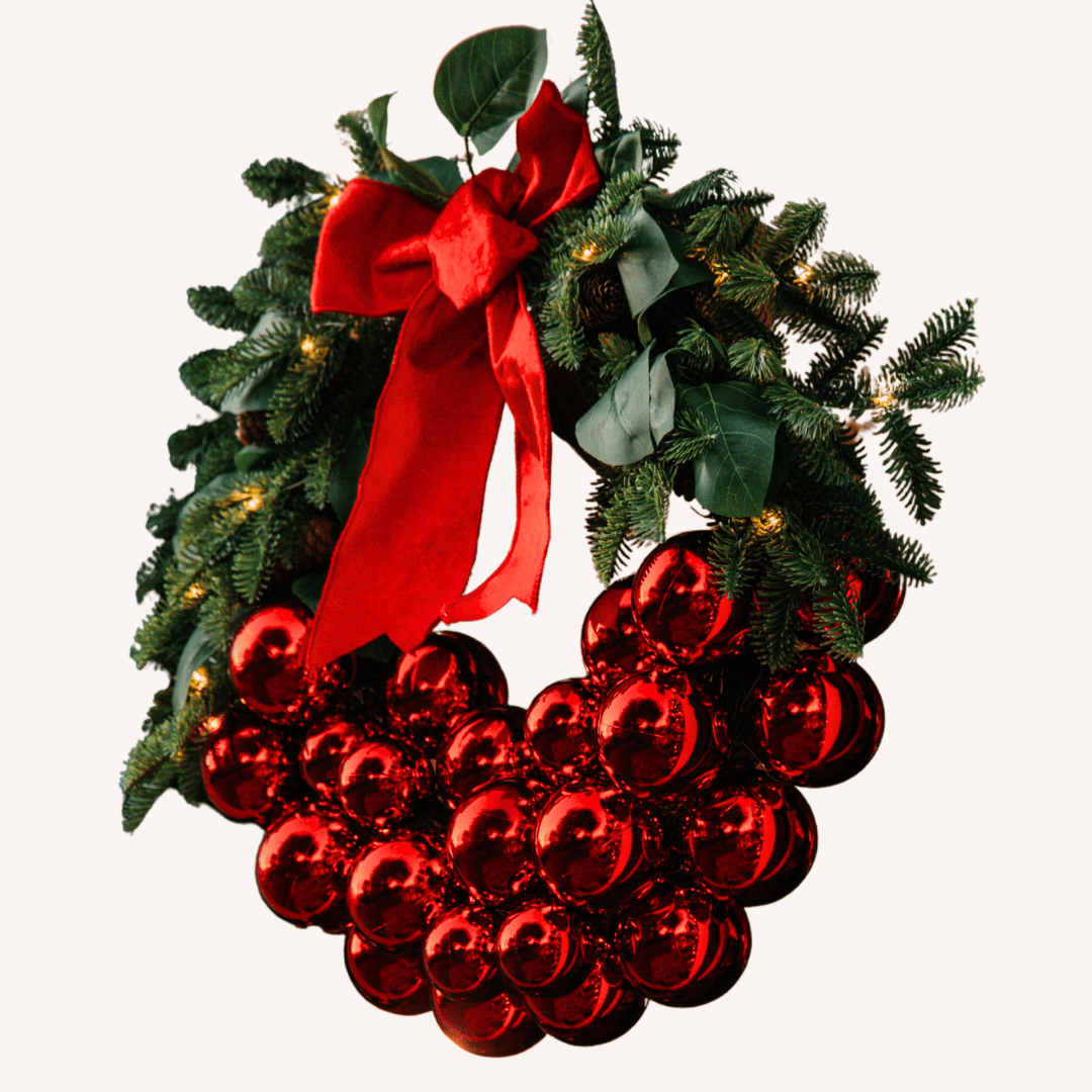 71cm luxury Christmas wreath with a cascading red bauble cluster, red velvet bow and warm white LEDs