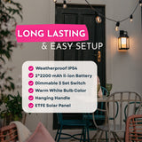Solar Glow Lantern features: IP54 weatherproof, 2x 2200mAh Li-Ion battery, 3-level dimmable, warm white, hanging handle, ETFE solar panel