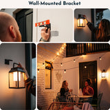 Collage of a wall-mounted bracket being used to install outdoor solar glow lantern lighting fixtures.