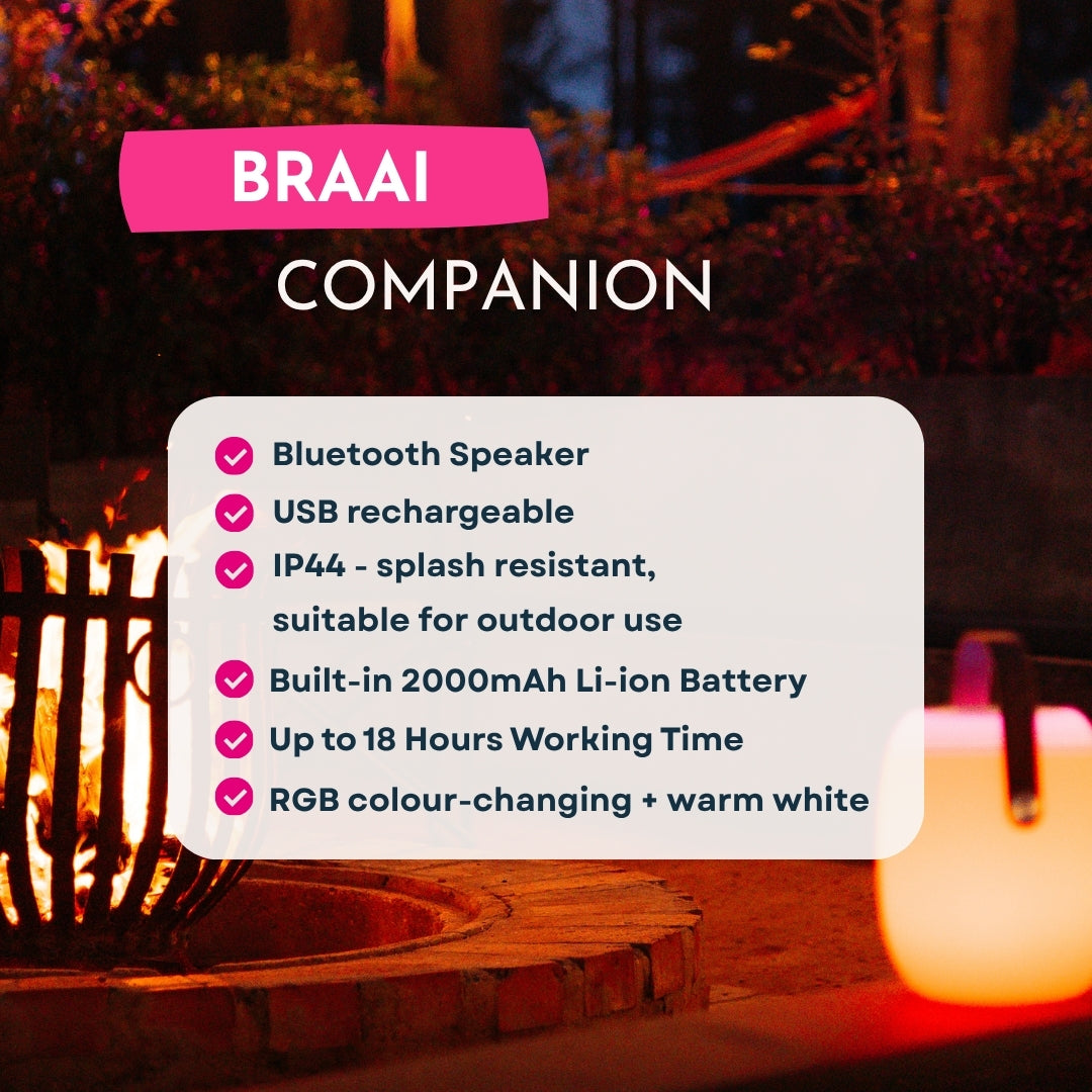 Feature graphic for Bluetooth Speaker Lantern listing Bluetooth 5.0, RGB lighting, 18 hour battery life, USB rechargeable, and IP44 outdoor rating