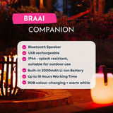 Feature graphic for Bluetooth Speaker Lantern listing Bluetooth 5.0, RGB lighting, 18 hour battery life, USB rechargeable, and IP44 outdoor rating