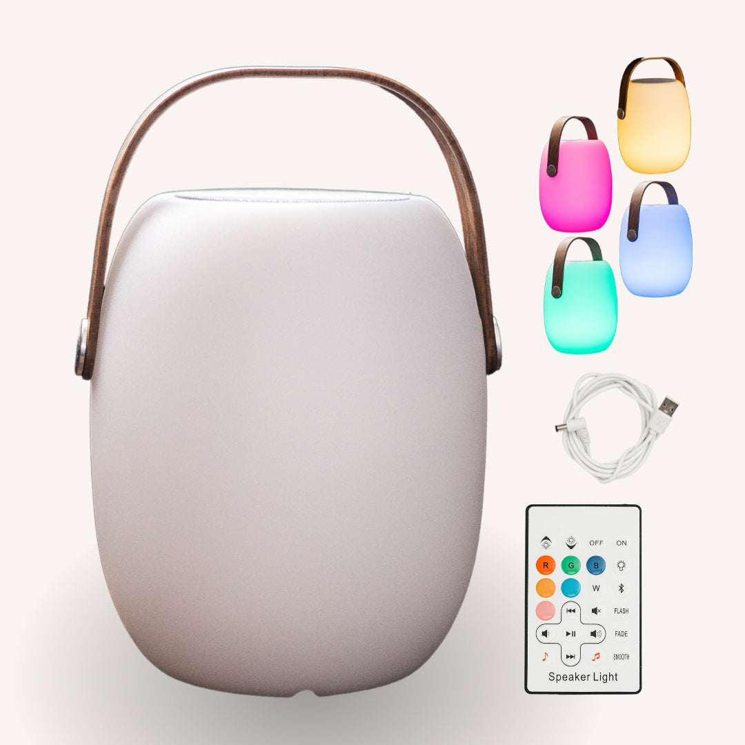 Bluetooth Speaker Lantern flat lay showing lantern with wooden handle and USB charging cable on a light background