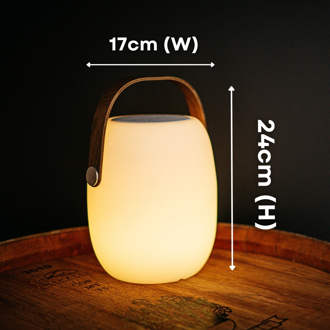 Bluetooth Speaker Lantern with wooden handle shown with dimension callouts of 17cm width and 24cm height