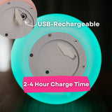 Close-up of USB charging port on Bluetooth Speaker Lantern with USB rechargeable and 2 to 4 hour charge time callout and 18 hour battery life indicator