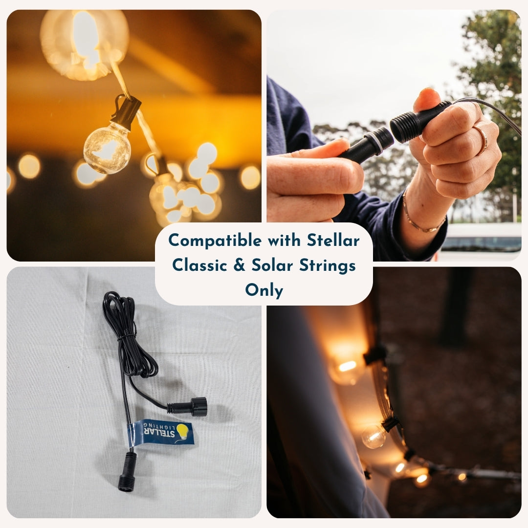 A collage showing a 2m extension cable being used with both solar and plug-in classic string lights.