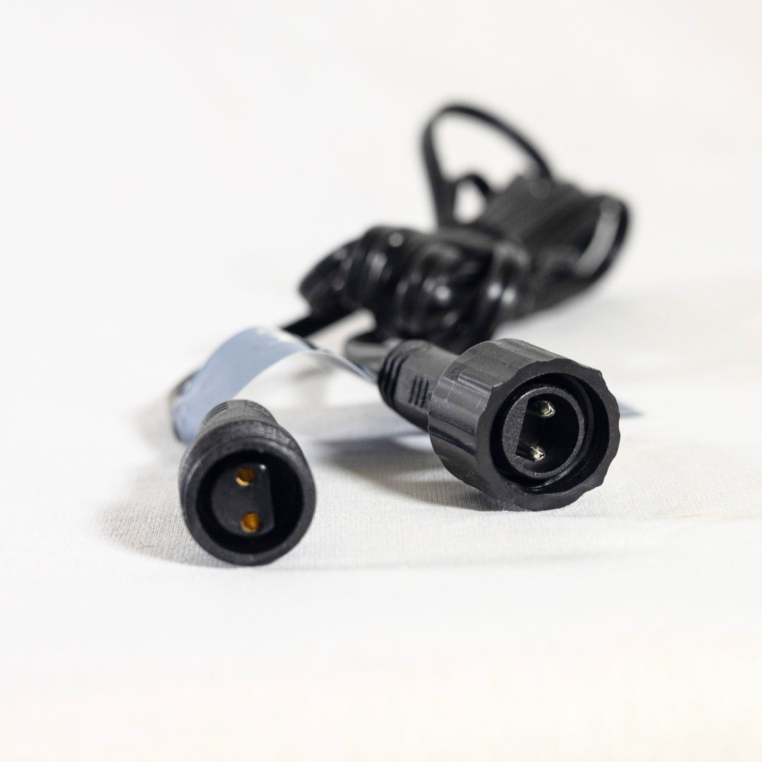 Stellar Lighting's 2m Extension cable connectable parts with the female and male connectors for classic string lights.