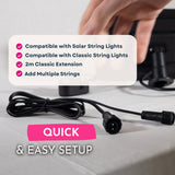 A product listing graphic for a string light 2m extension kit for classic and solar string lights.
