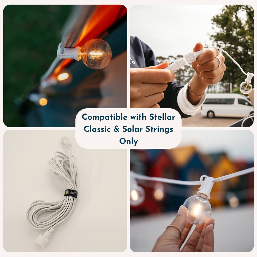A collage showing a 4m extension cable being used with both solar and plug-in classic string lights.