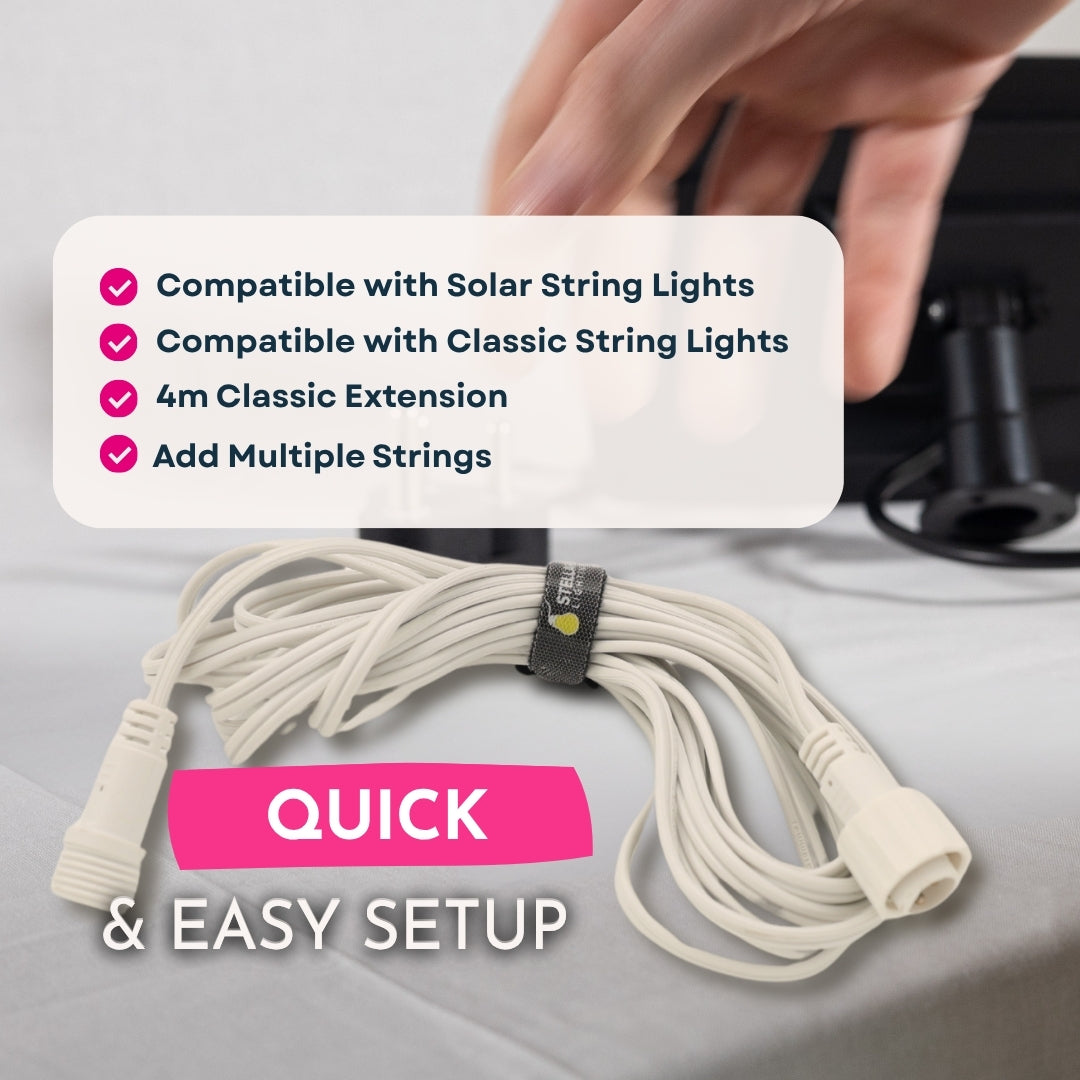 A product listing graphic for a string light 4m extension kit for classic and solar string lights.