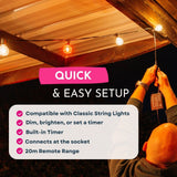 Person setting up outdoor string lights with text highlighting features on a dark background.