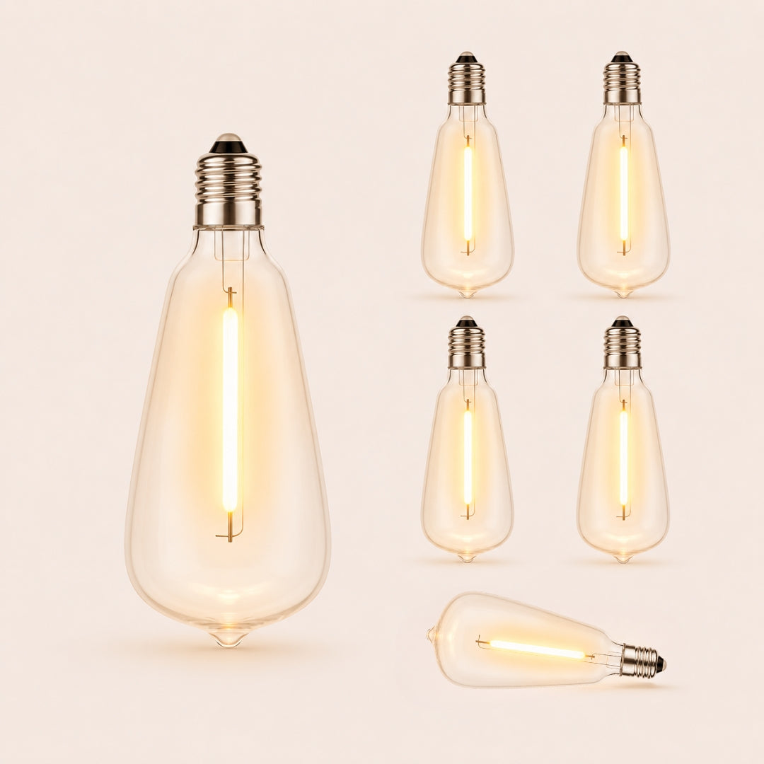 Six ST38 vintage LED replacement bulbs with E12 fitting and warm white filament glow on a light background