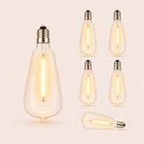 Six ST38 vintage LED replacement bulbs with E12 fitting and warm white filament glow on a light background