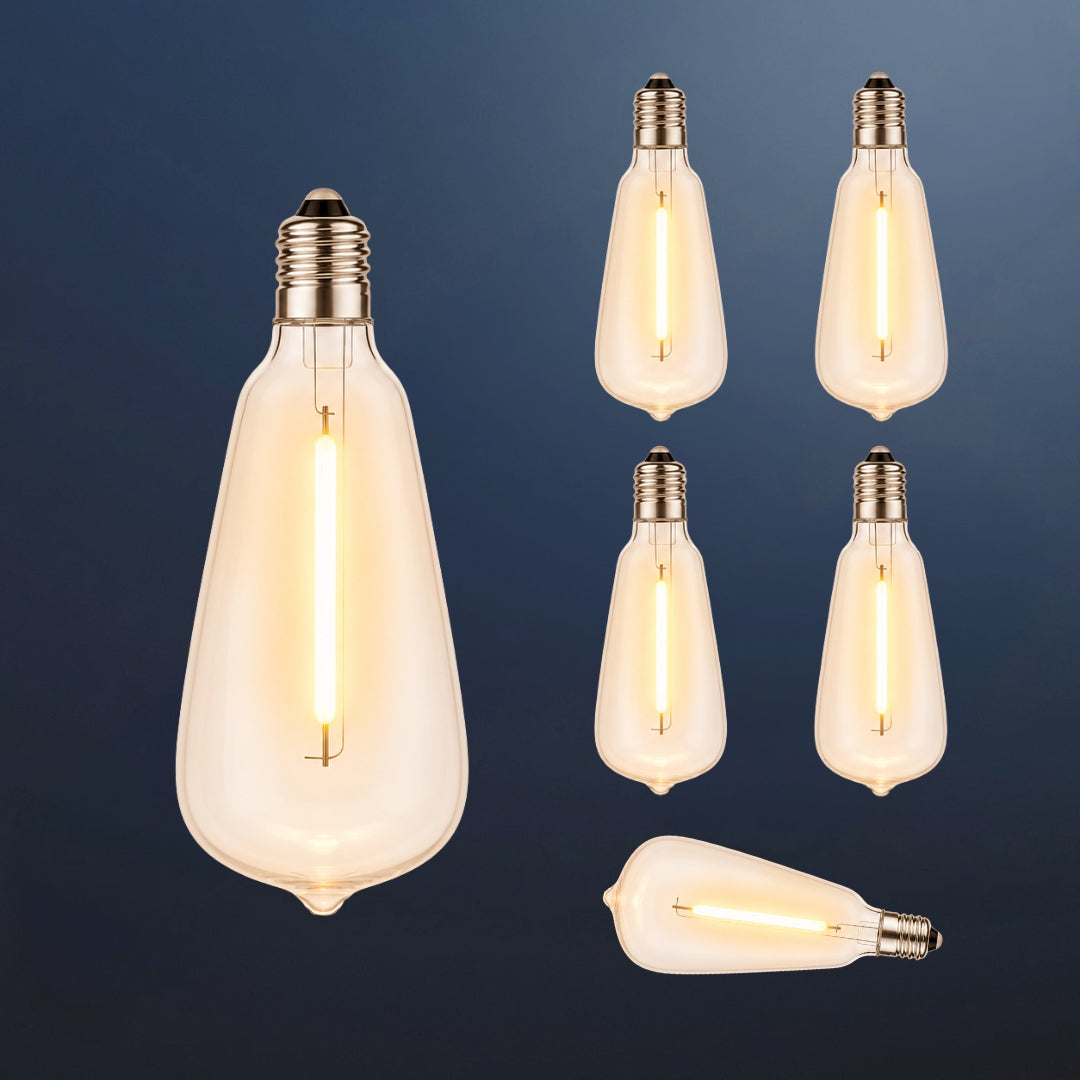 Six ST38 vintage LED replacement bulbs with E12 fitting and warm white filament glow on a dark navy background