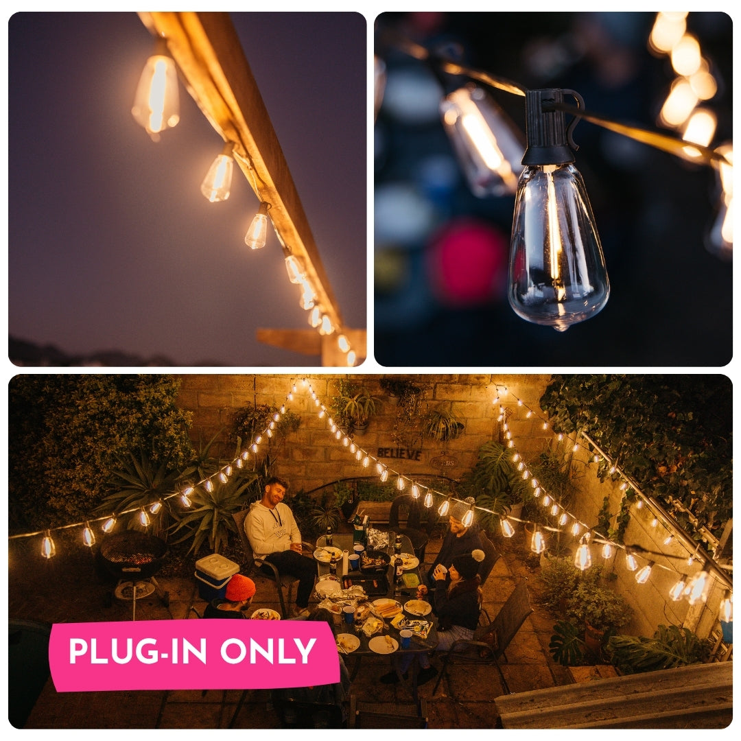 Collage of ST38 vintage LED replacement bulbs in outdoor string light settings with plug-in only callout