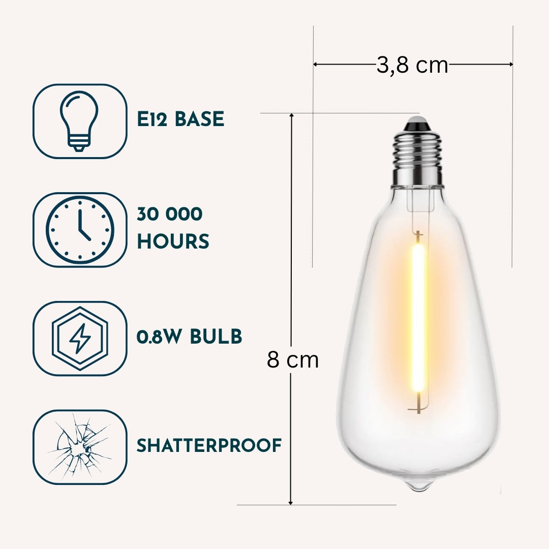 Spec graphic for ST38 vintage LED replacement bulb showing E12 base, 30000 hour lifespan, 0.8W wattage, shatterproof build, and bulb dimensions