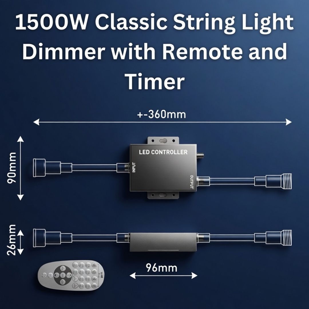 1500W Classic String Light Dimmer with Remote and Timer on a dark blue background