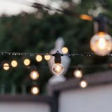 Outdoor string lights with clear glass bulb lights hanging on a wire, with warm glowing bulbs and a softly blurred garden background.