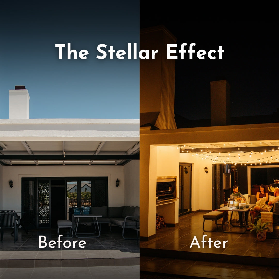 Split image showing the same South African outdoor covered patio in daylight and transformed at dusk with Classic String Lights creating a warm golden festoon glow