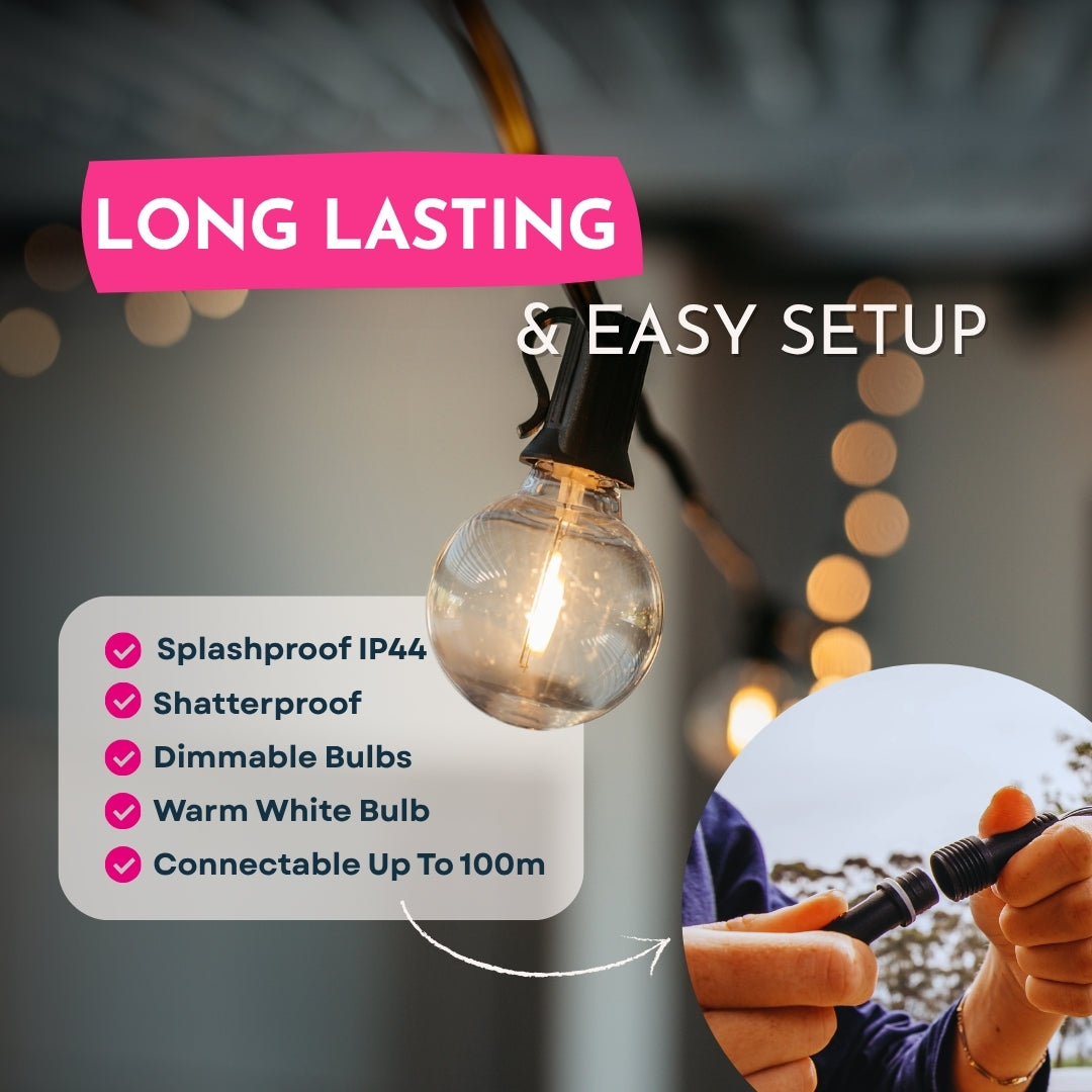 Feature graphic for Classic String Lights listing 25 warm white G40 bulbs, IP44 splash resistant, connectable up to 10 sets, 30cm bulb spacing, and South African 3-pin plug