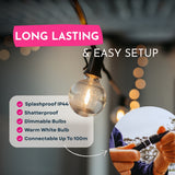 Feature graphic for Classic String Lights listing 25 warm white G40 bulbs, IP44 splash resistant, connectable up to 10 sets, 30cm bulb spacing, and South African 3-pin plug