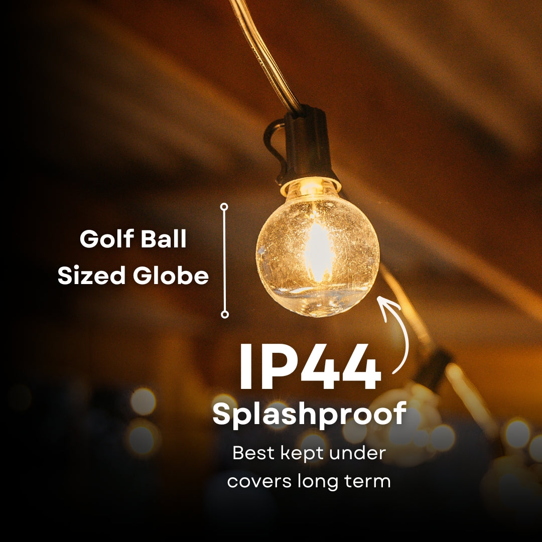 Classic String Lights G40 globe bulb on black cable with IP44 splashproof callout for covered outdoor use under pergolas afdaks and lapas