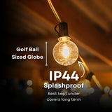 Classic String Lights G40 globe bulb on black cable with IP44 splashproof callout for covered outdoor use under pergolas afdaks and lapas