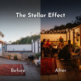 Before and after comparison of a house exterior with string lights with 'The Stellar Effect' text.