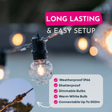 Feature graphic for Classic String Lights Pro showing long lasting and easy setup headline with checklist including IP66 weatherproof, shatterproof, dimmable bulbs, warm white, and connectable up to 500m