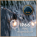 Classic String Lights Pro G40 bulb glowing in heavy rain with IP66 fully weatherproof badge overlay