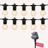 Classic String Lights Pro flat lay showing two rows of warm white G40 globe bulbs on black cable with South African plug on a light background